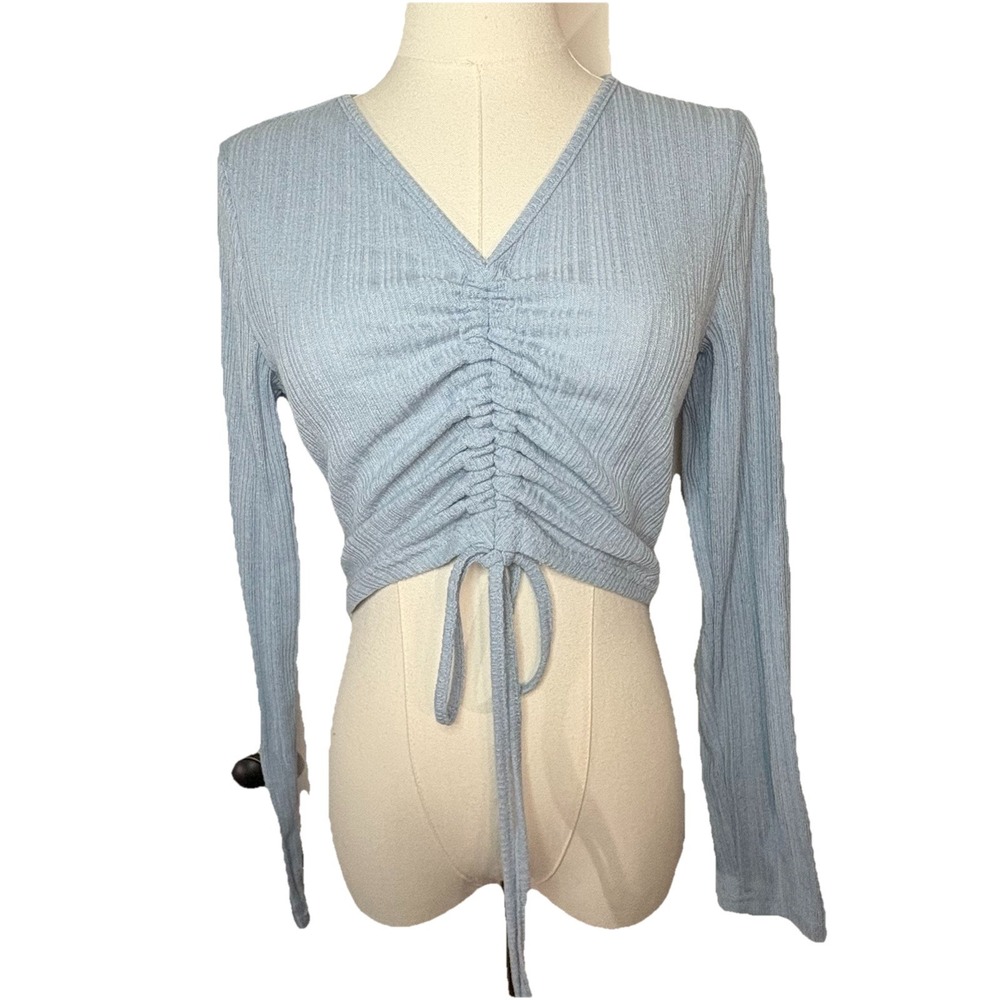 Romwe Ruched Front Ribbed Cropped Top Shirt Blue Long Sleeve V-Neck Size L 90s